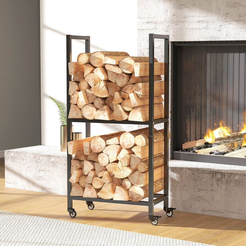 Indoor Firewood Rack 2 Levels With Wheels Steel - Black