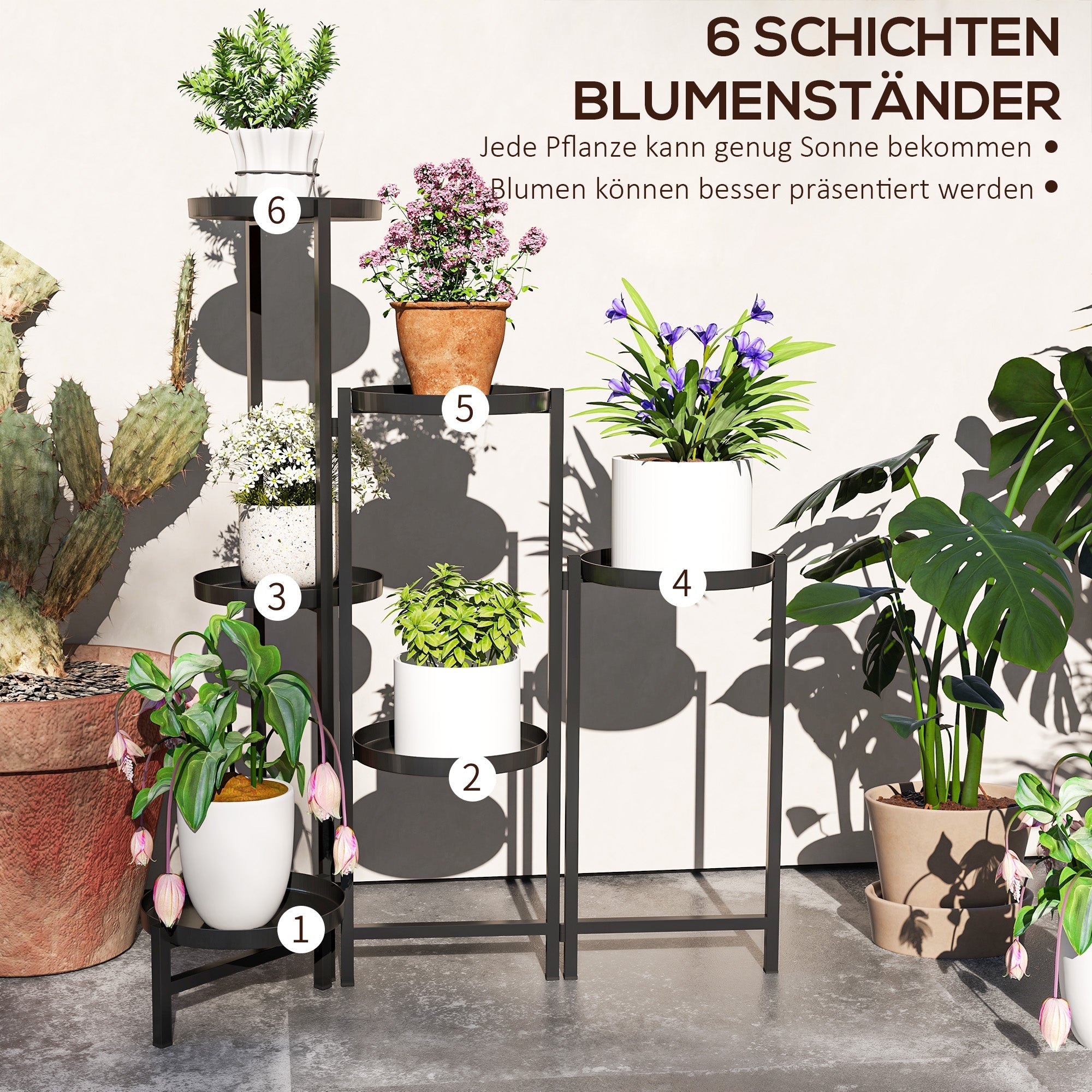 Plant Stand, 6-Tier Foldable Trays 80cm High, Metal Black