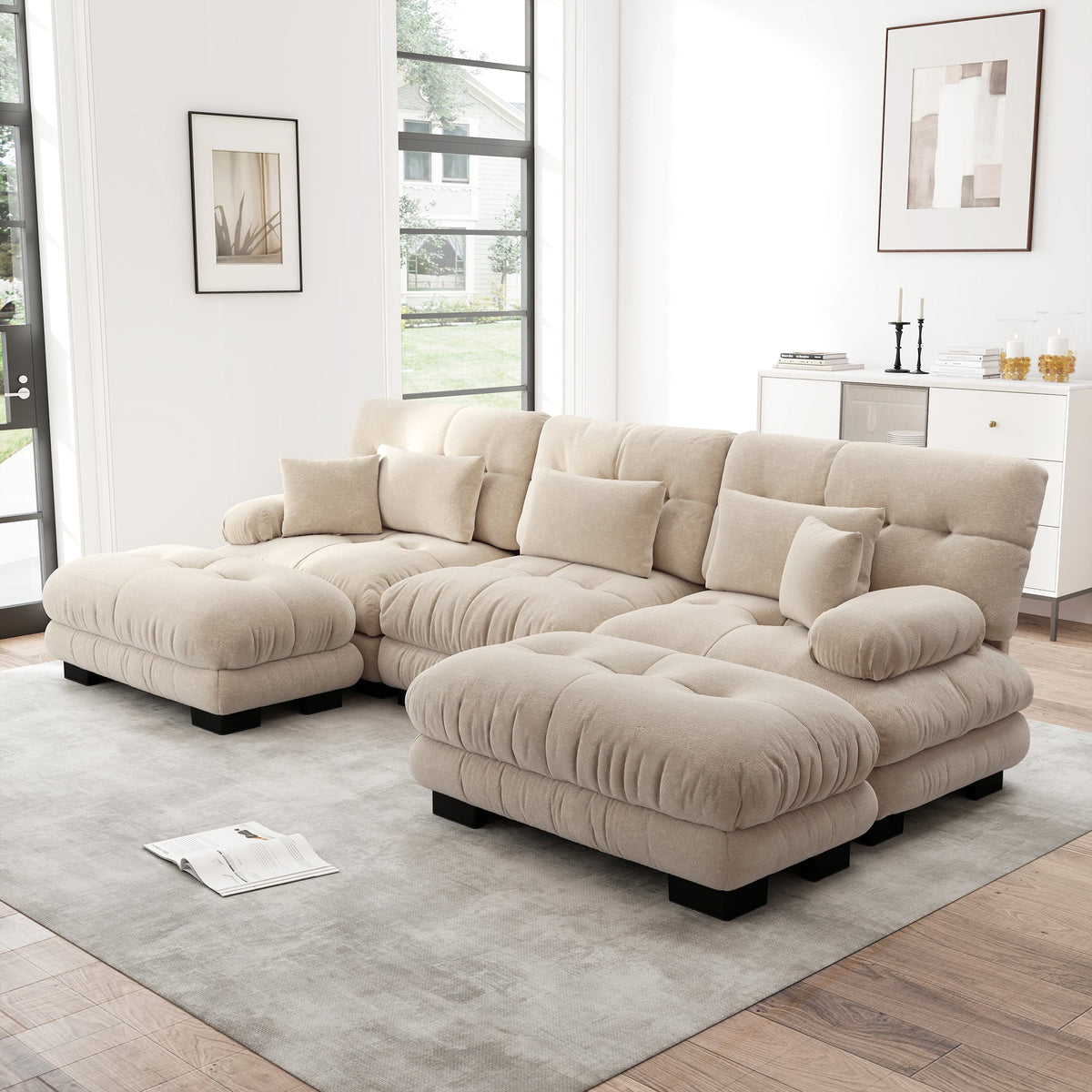Modular Corner Sofa, Oversized U-Shaped Convertible Sleeper with Ottoman, Light Brown Chenille
