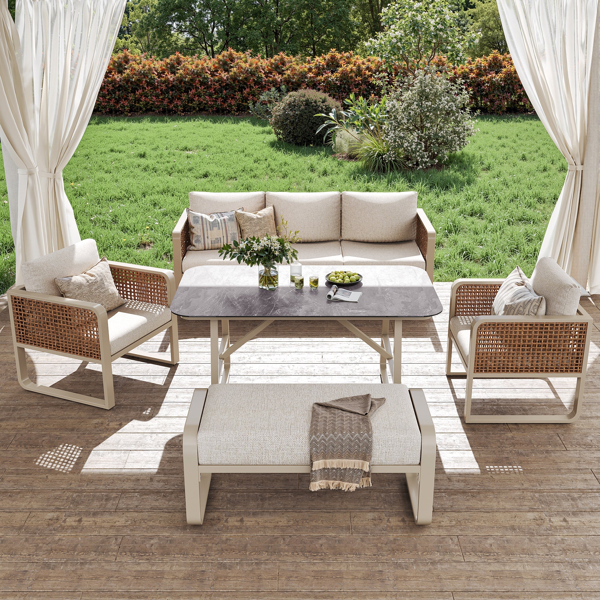 Garden Lounge Set for 6-7 People with Side Table and Washable Cushions, PE Rattan, Beige