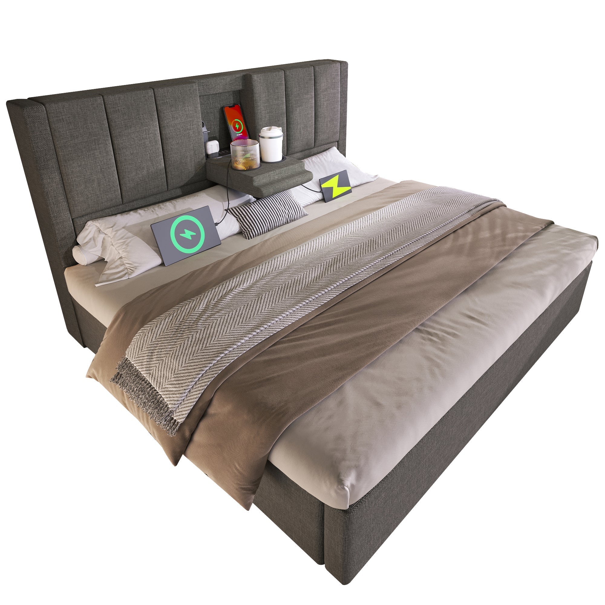 Upholstered Bed 140x200cm Hydraulic Storage with Charging Station and Cup Holder Linen Grey