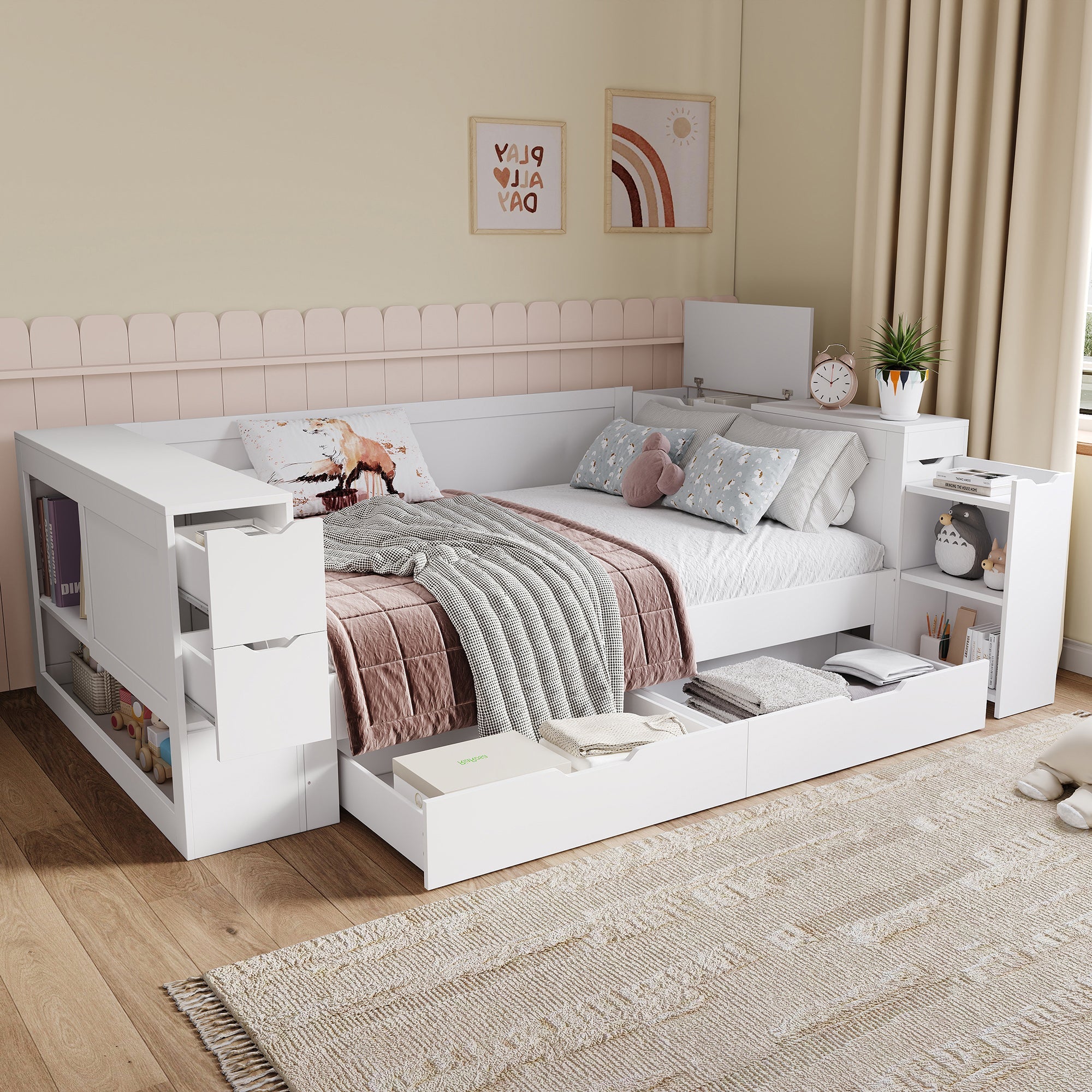 Wooden Storage Bed with Drawers and Shelves, 140x190cm, White Wood