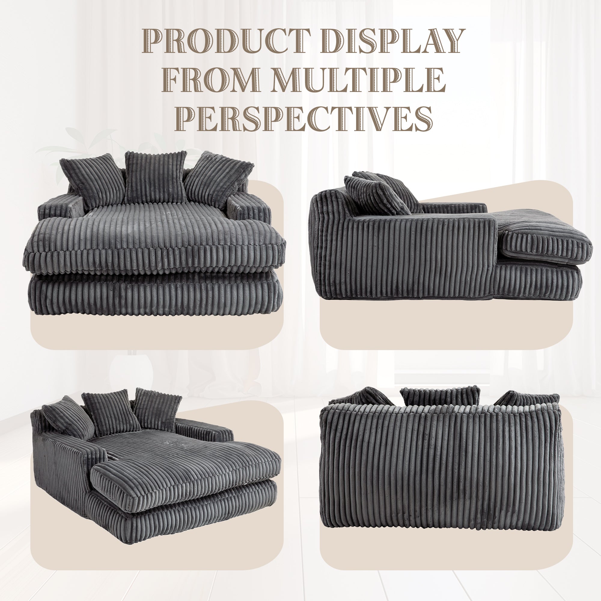 GOMYWAY Oversized Chaise Lounge Sofa Sleeper Chair with Throw Pillows, Dark Gray