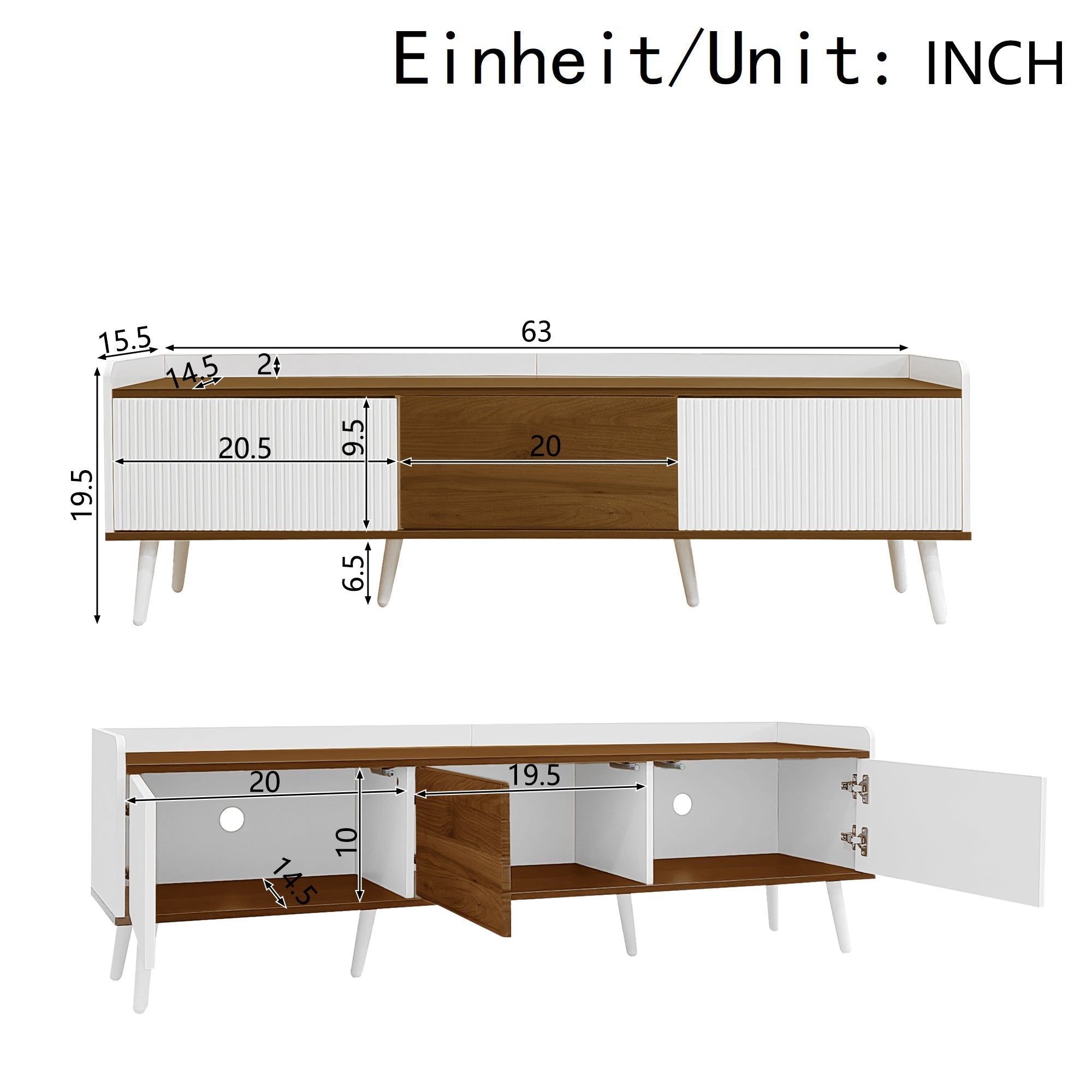 TV Cabinet, 3-Door Base, Compact Design, White and Natural Wood
