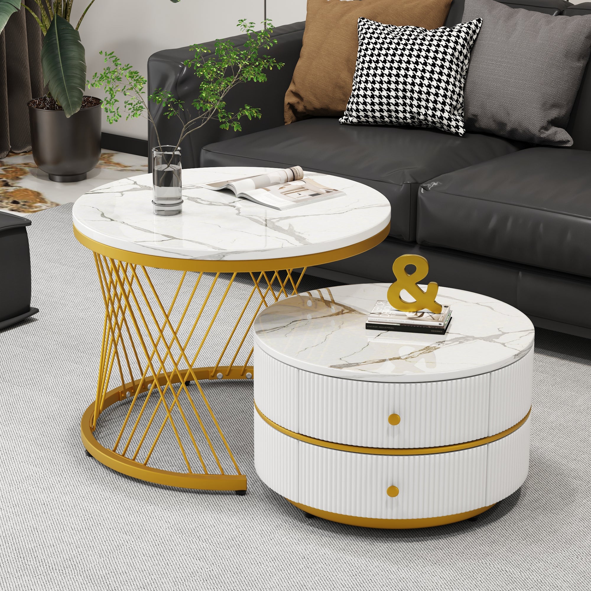 Coffee Table Set Nesting 2-Piece Round Marble Look, 2 Drawers, White