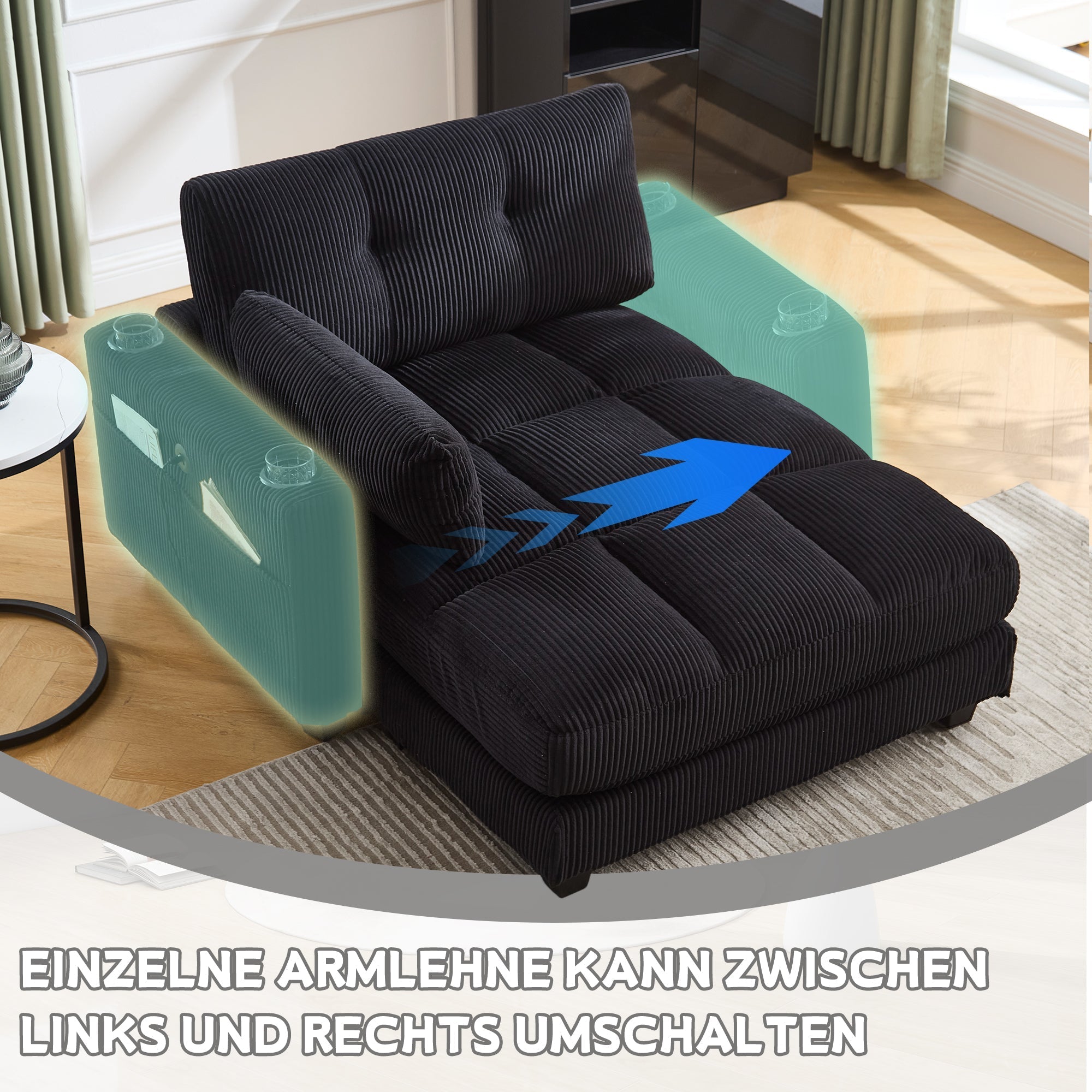 Palm Chair, Fluffy Striped Upholstery with Rolling Handrails, Black