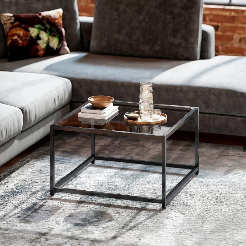 Square Side Table Tempered Glass Top Steel Legs - Black