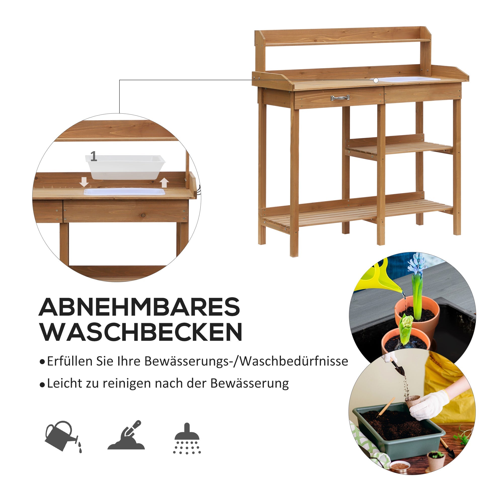 Planting Table with Tub for Gardening & Plant Care, Fir Wood