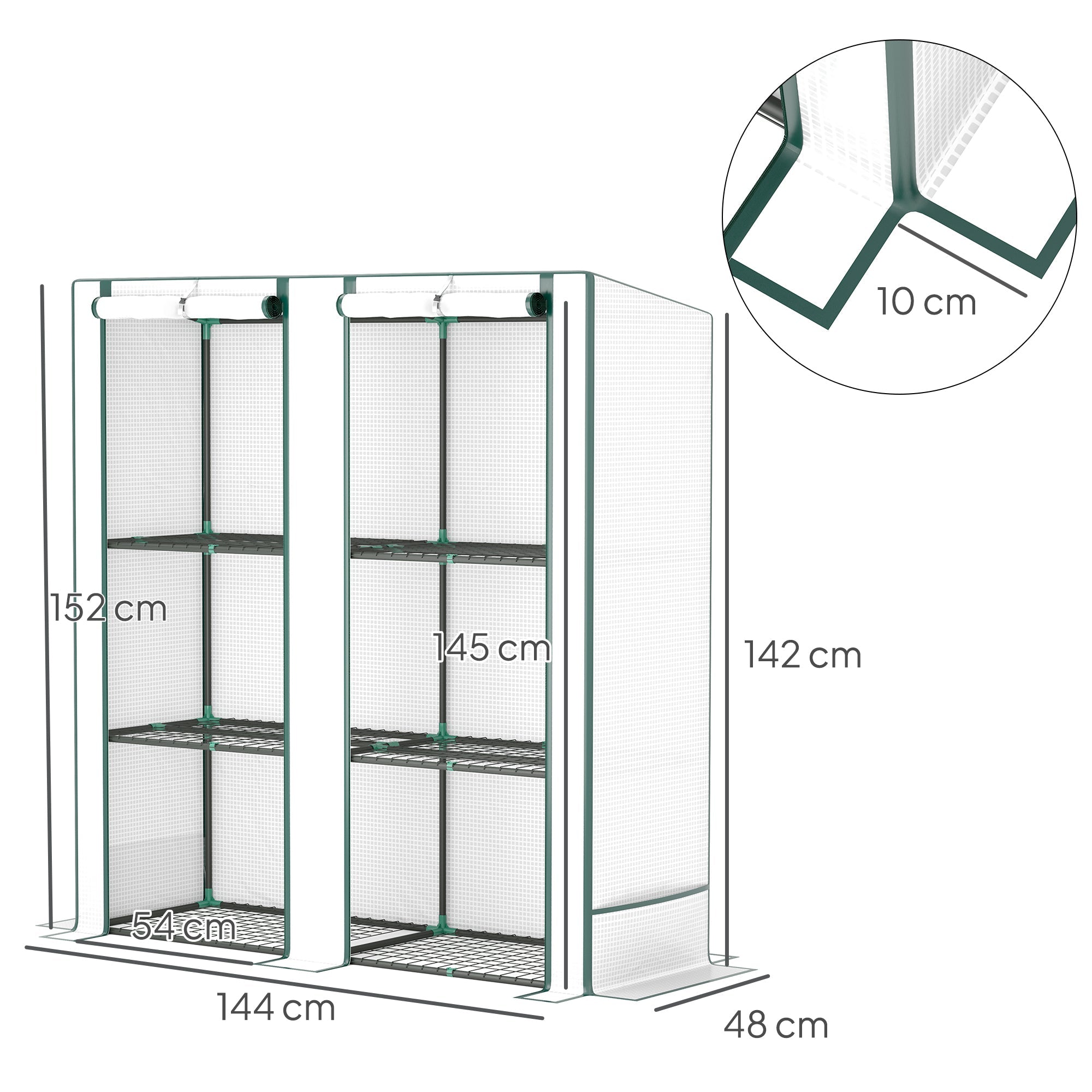Greenhouse Pent Roof Double Doors Shelves Winterproof 144x48x152cm Foil Steel, White