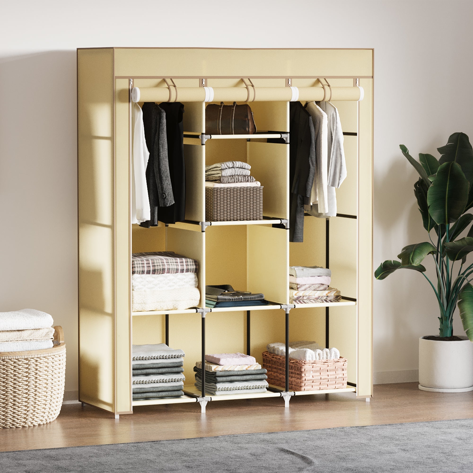 Fabric Wardrobe, 8 Levels & Clothes Rails, Folding, Nonwoven Fabric Beige