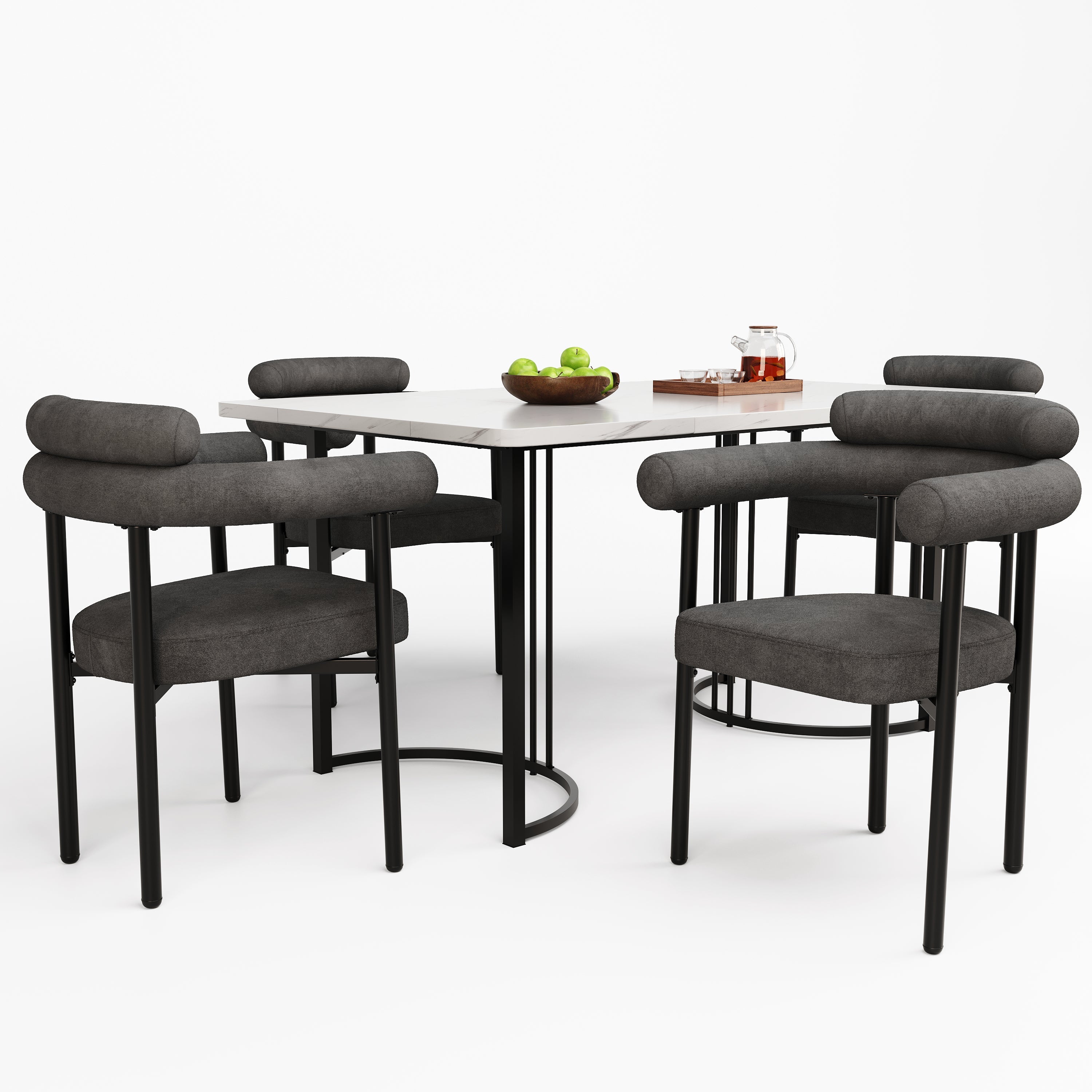 Dining Set (5-Piece) - 4 Armchairs, Designer Metal Legs - Grey Suede