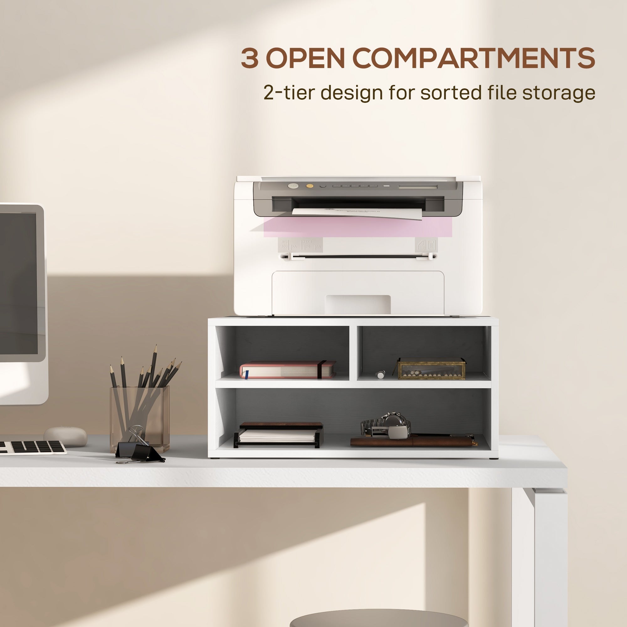 Printer Storage Cabinet, Three-Compartment, White