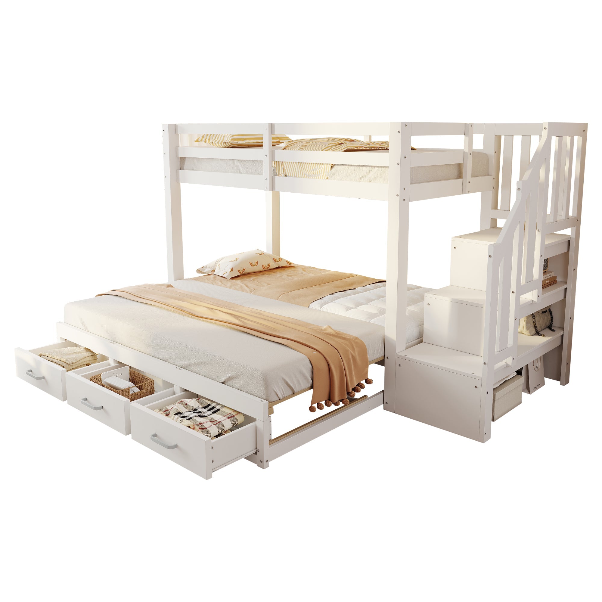 Bunk Bed with Pull-out Bed, Storage Ladder and Drawers, 90x200cm, White Wood