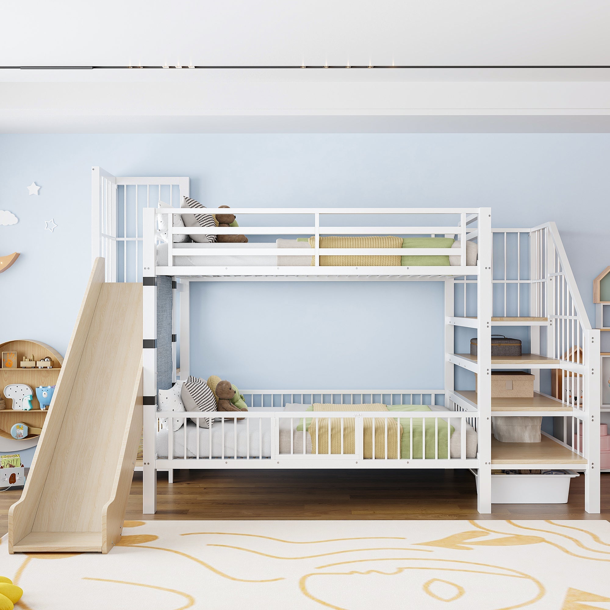 Children's Metal Loft Bed with Slide, Storage Stairs and Integrated Shelves, 90x200cm, White