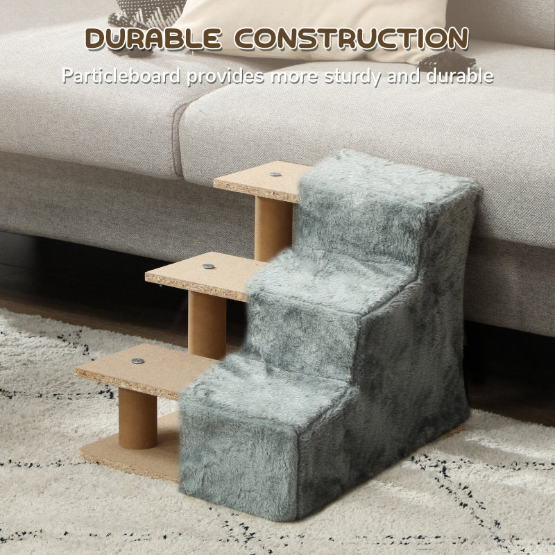 Three-Step Dog Stairs, Washable Plush Cover, High Bed Sofa - Light Grey