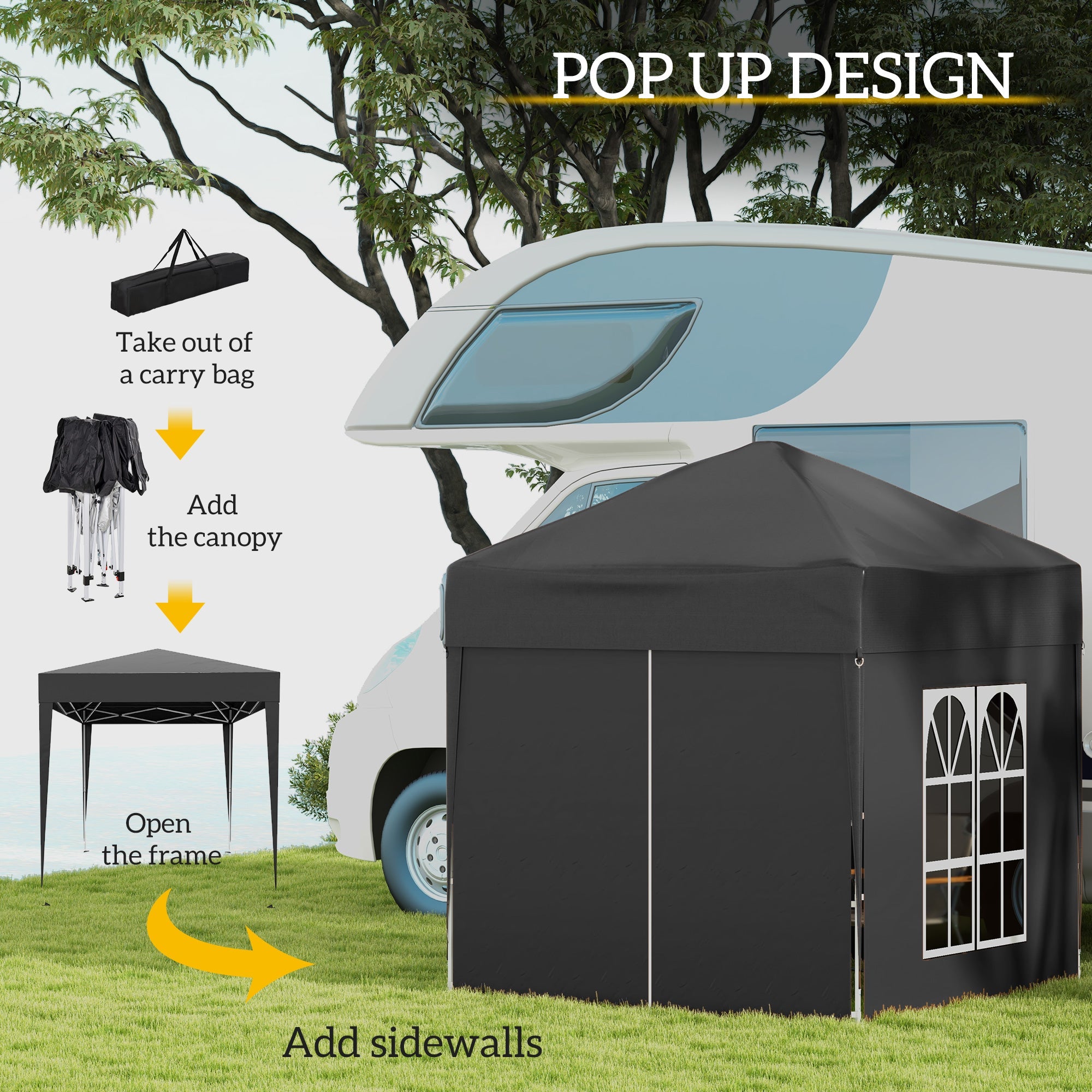 Garden Pop Up Gazebo 2 x 2 m, Water Resistant Awning Canopy with Sidewalls, Windows, Carry Bag, Black