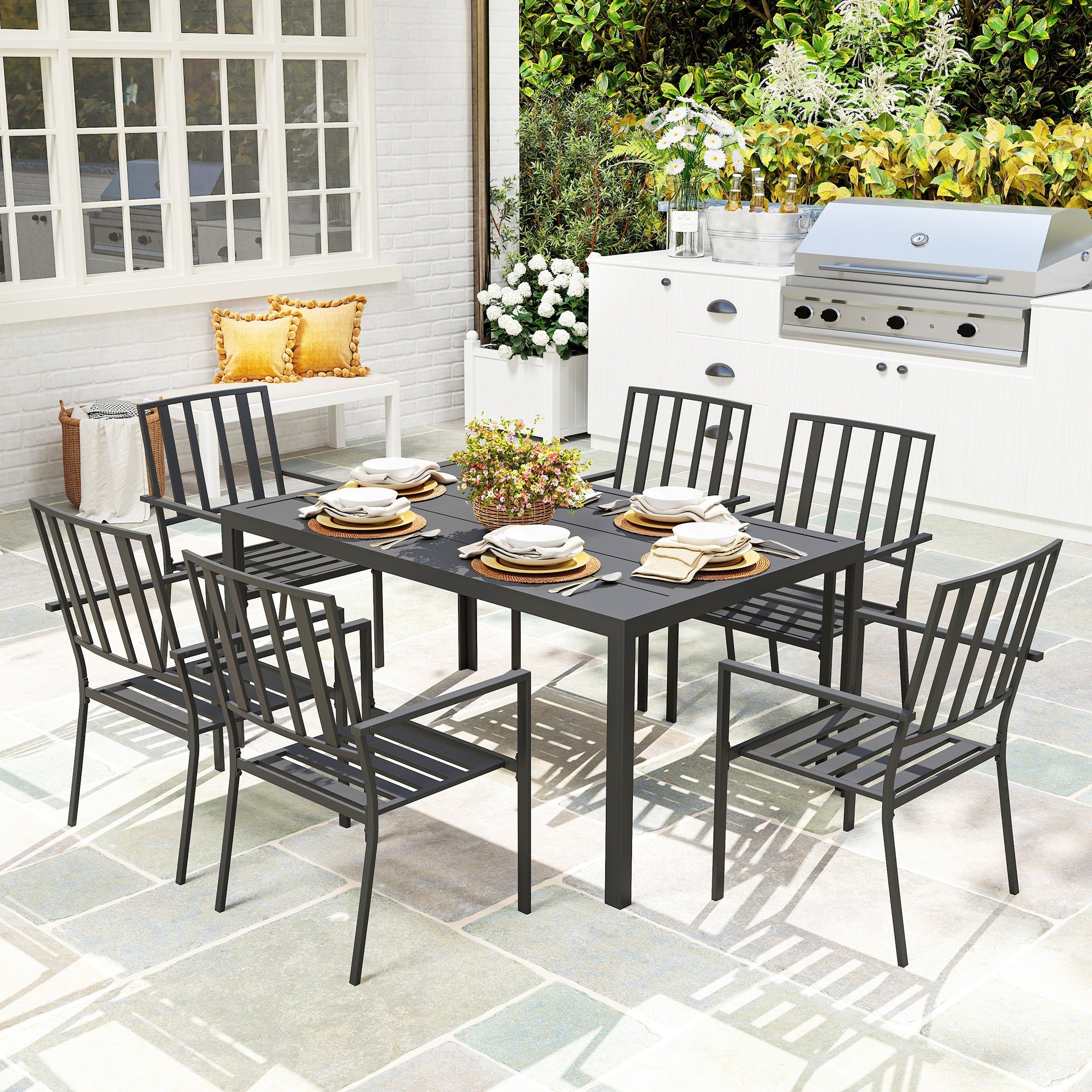 Seven-Piece Garden Dining Set with Parasol Hole - Minimal Metal, Black
