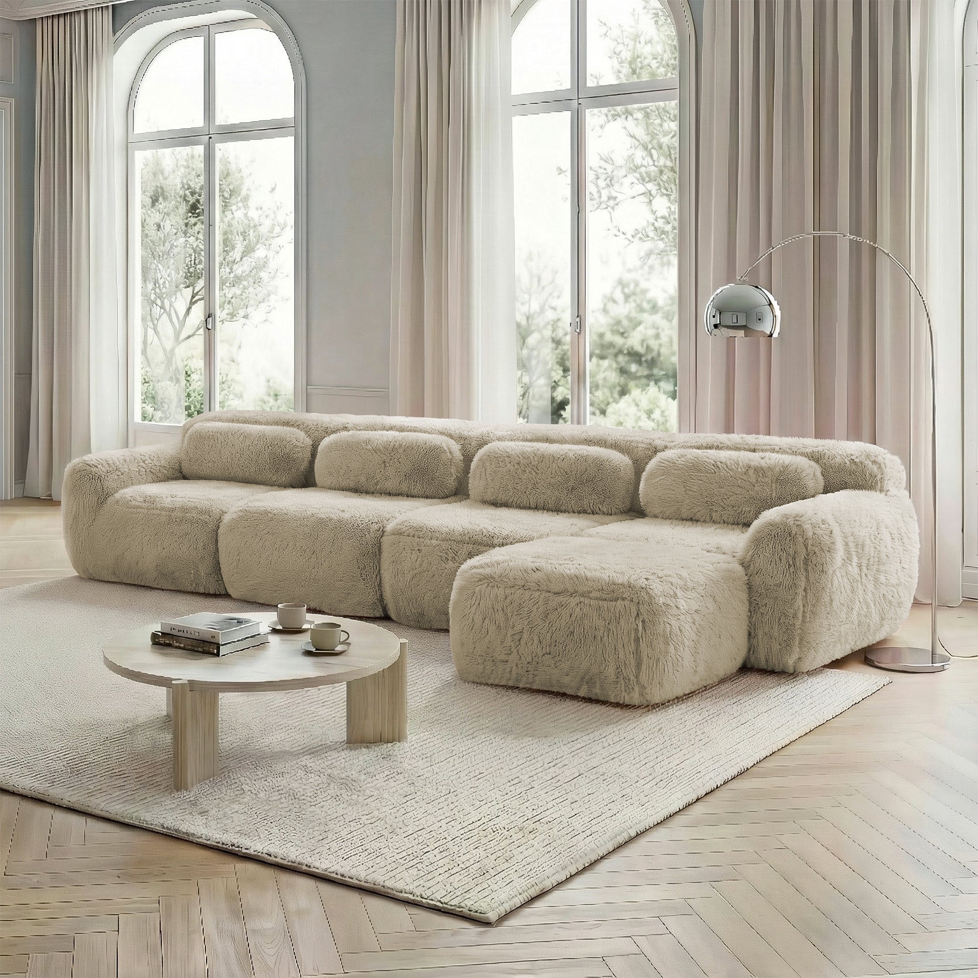 4-Seater L-Shaped Sofa Modular Chaise Plush Fabric - Light Khaki