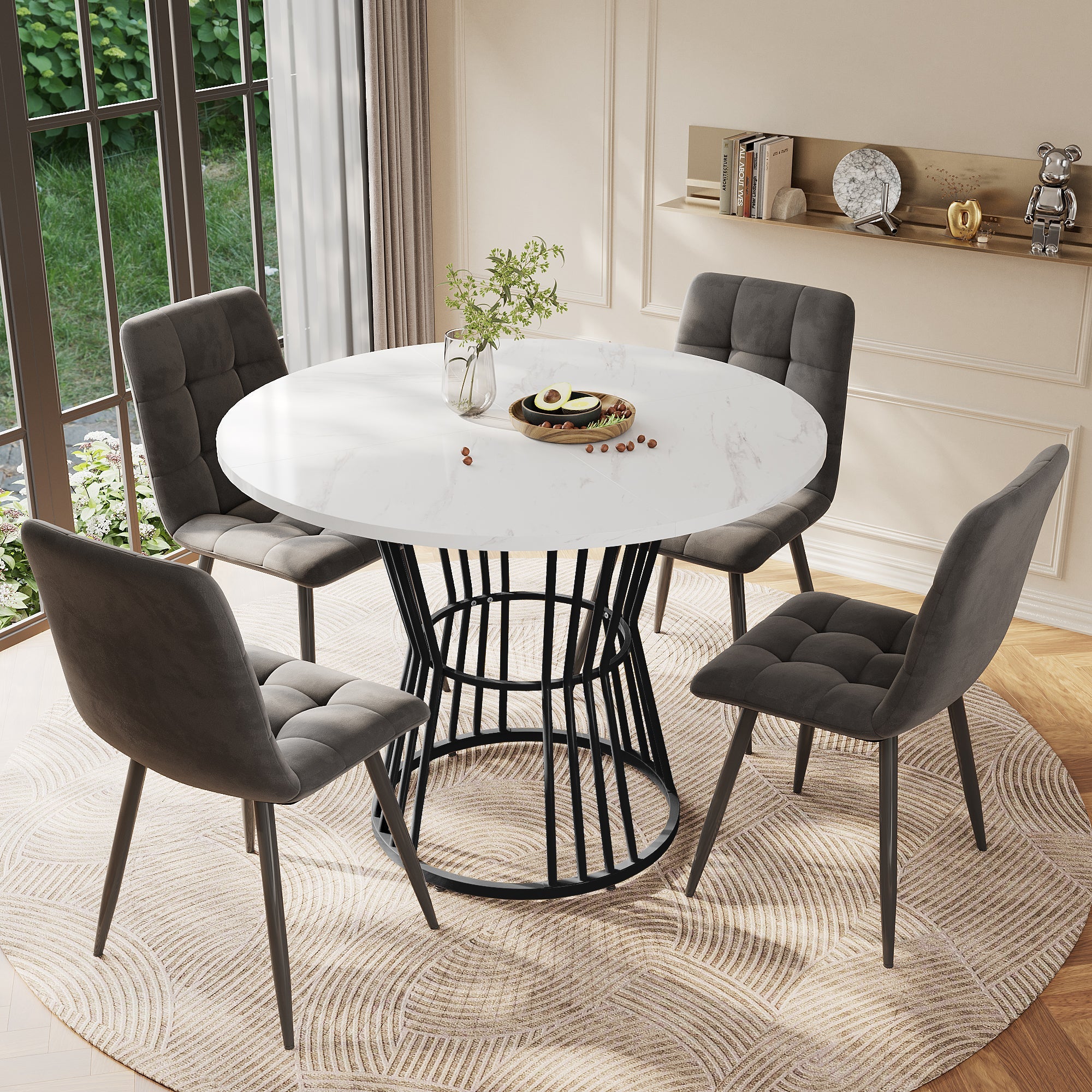 Dining Table Set 5-Piece Round 100cm Black Metal White MDF Dark Grey Velvet