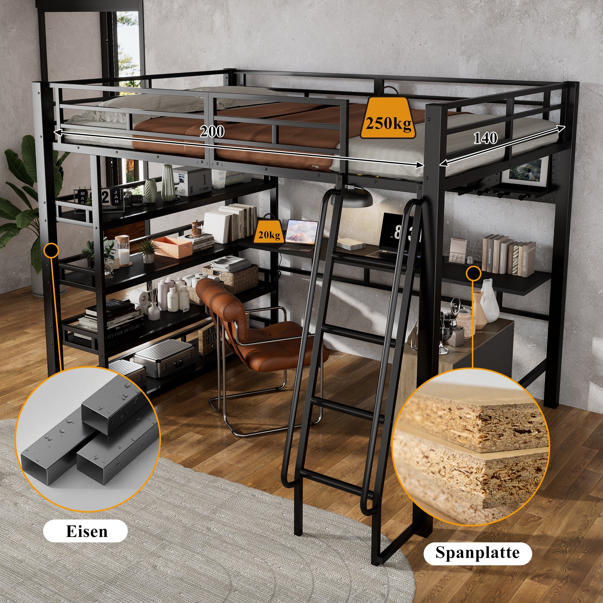 Iron Bed, Loft Bed with Storage, Charging Port, Ladder, Black Iron & Chipboard