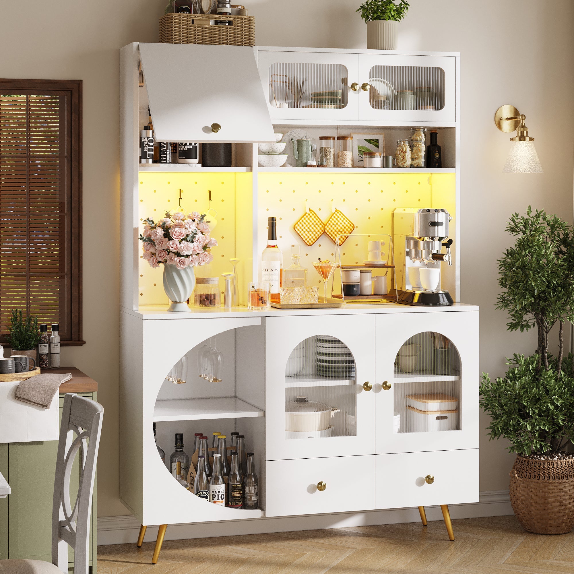 Modern Sideboard and Tall Kitchen Cabinet with LED Lighting, USB Ports and Pegboard, White