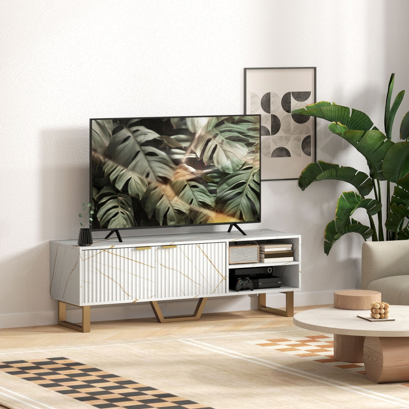 Marble Effect TV Unit Stand for 70" TVs, Fluted Door Storage, White