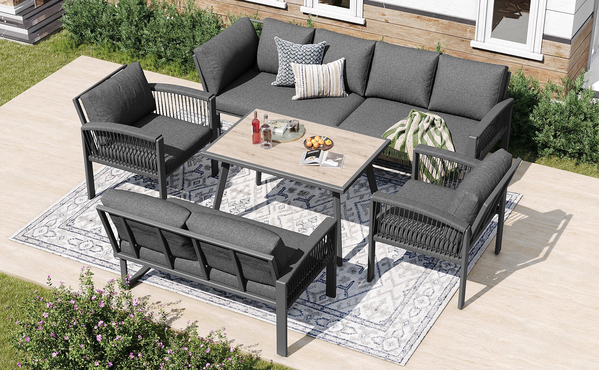 Garden Lounge Set 8-Person Rope Design Large Table Wood Grain - Grey