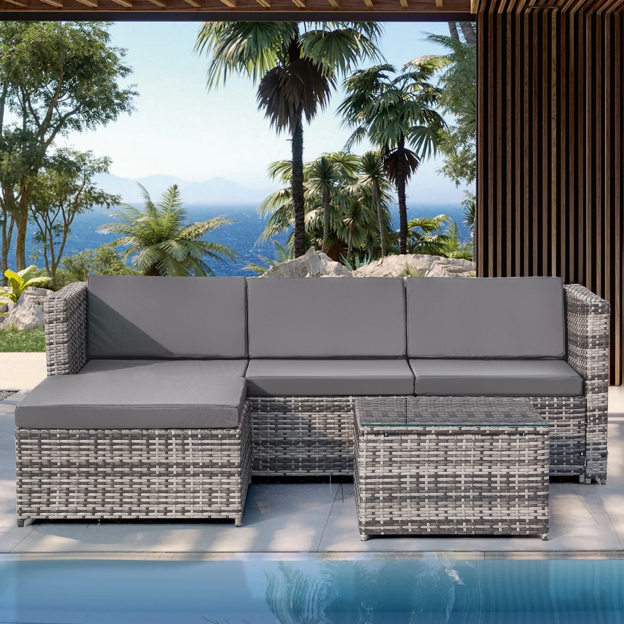 Lounge Sofa Set with Corner Sofa, Cushions and Glass Top Table, Grey Polyrattan