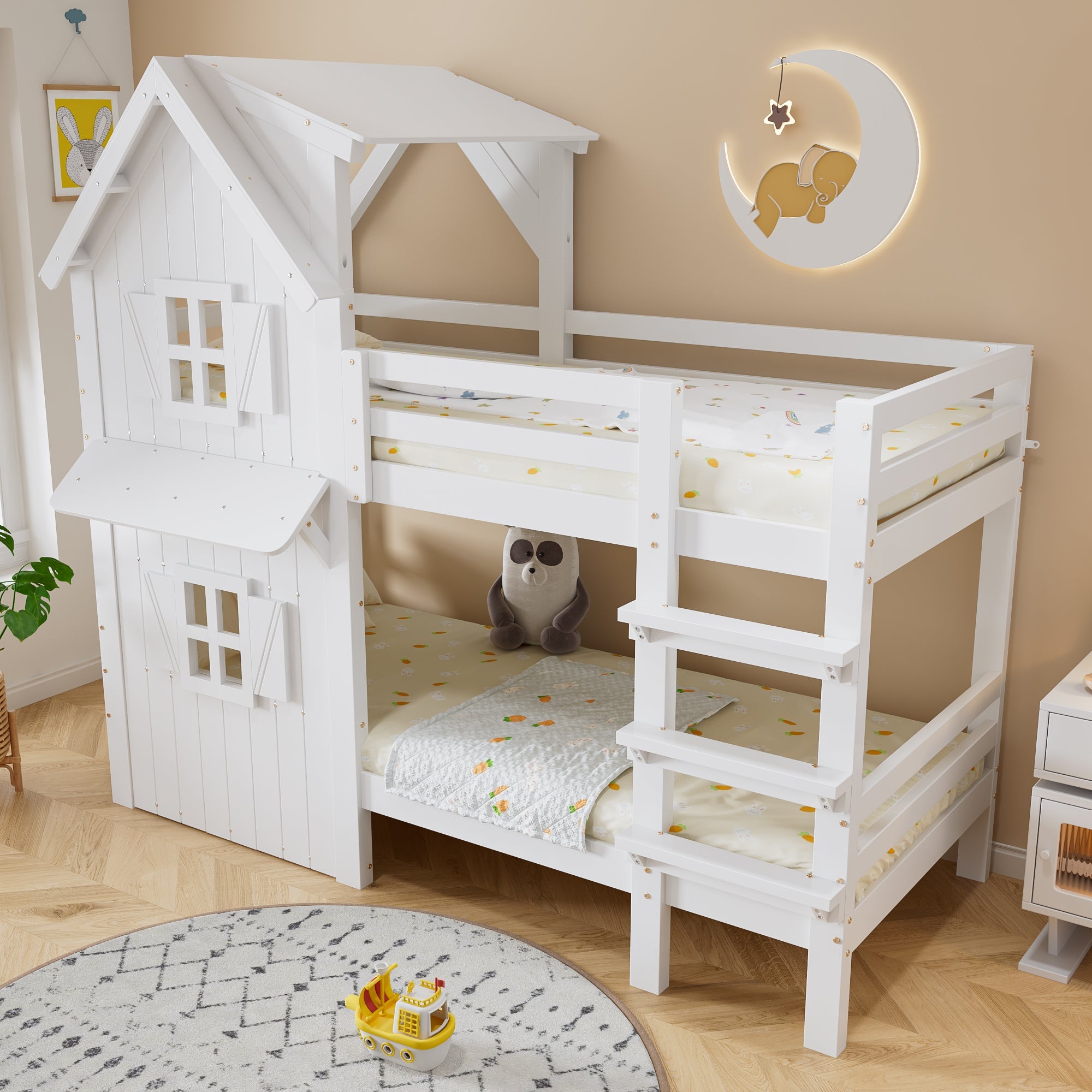 Bunk Bed Kids House, Safety Rails Ladder Slatted Base, Pine/MDF/Plywood White 90x200cm