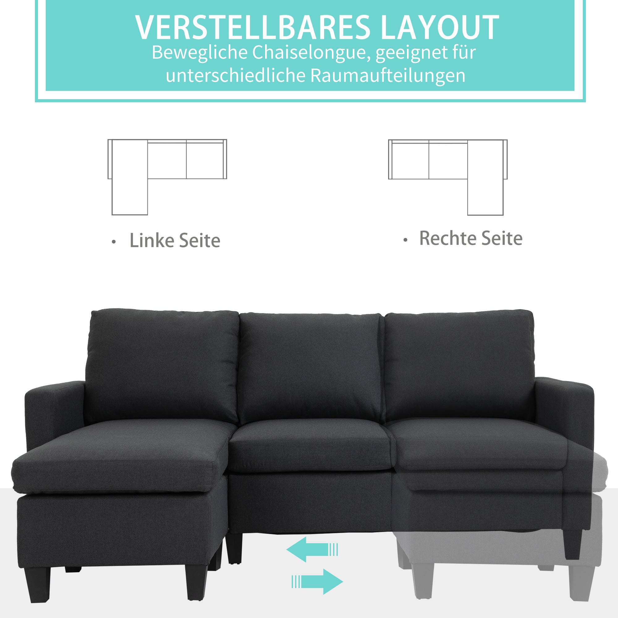 Corner Sofa L-Shape Reversible Chaise Longue 197x139x91cm Dark Grey Linen
