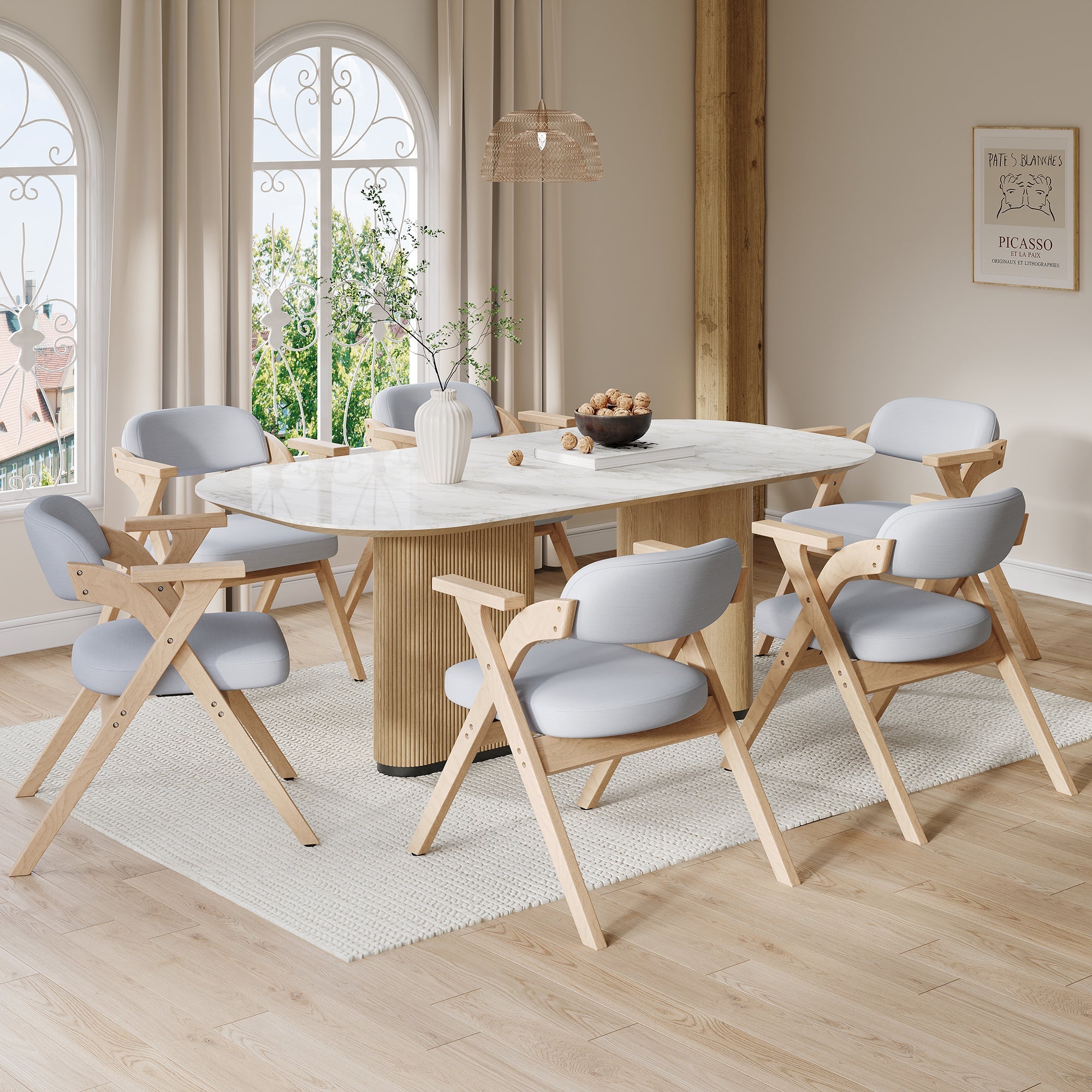 4 Folding Dining Chairs, Solid Wood and Foldable, Grey Linen