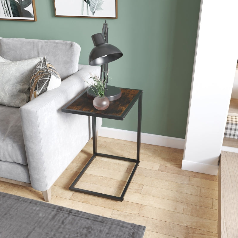 C-Shaped Side Table Bedside Accent Couch Table Metal Frame, Brown and Black