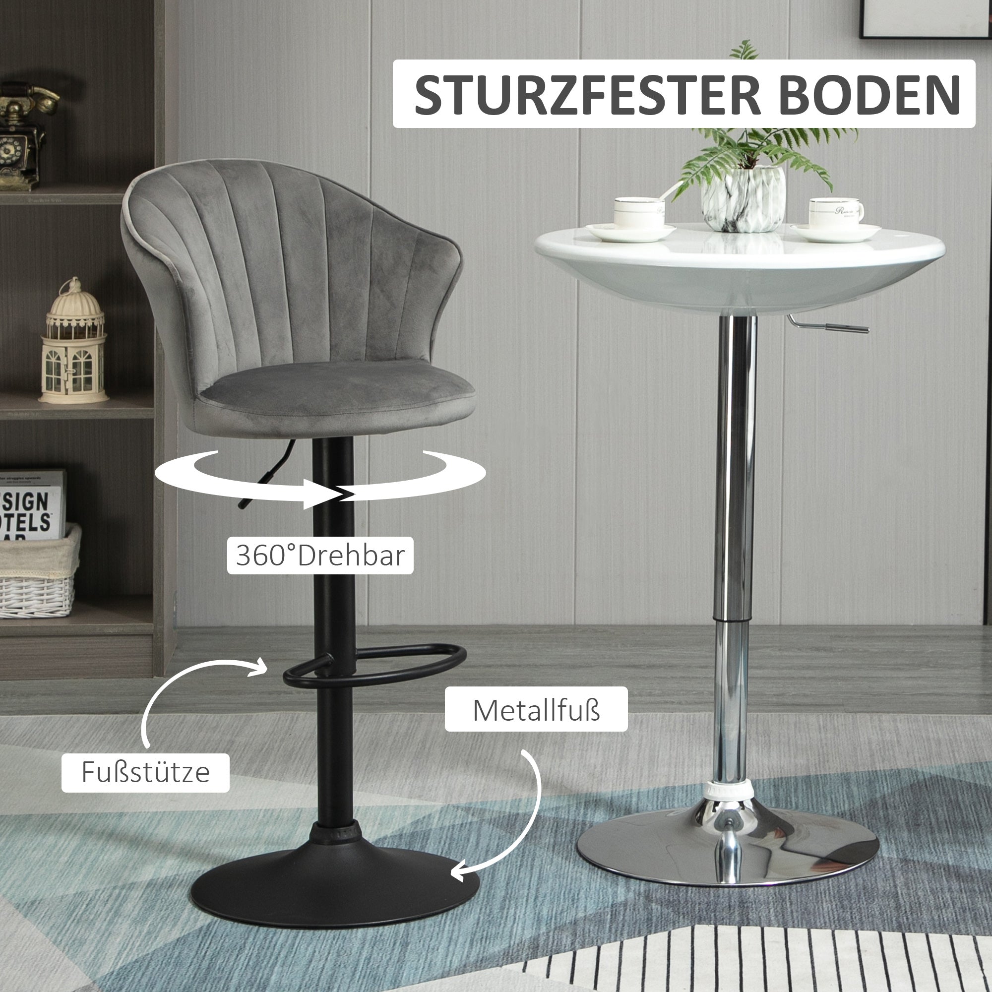 Set of 2 Bar Stools, Swivel Height-Adjustable with Backrest, Velvet Grey