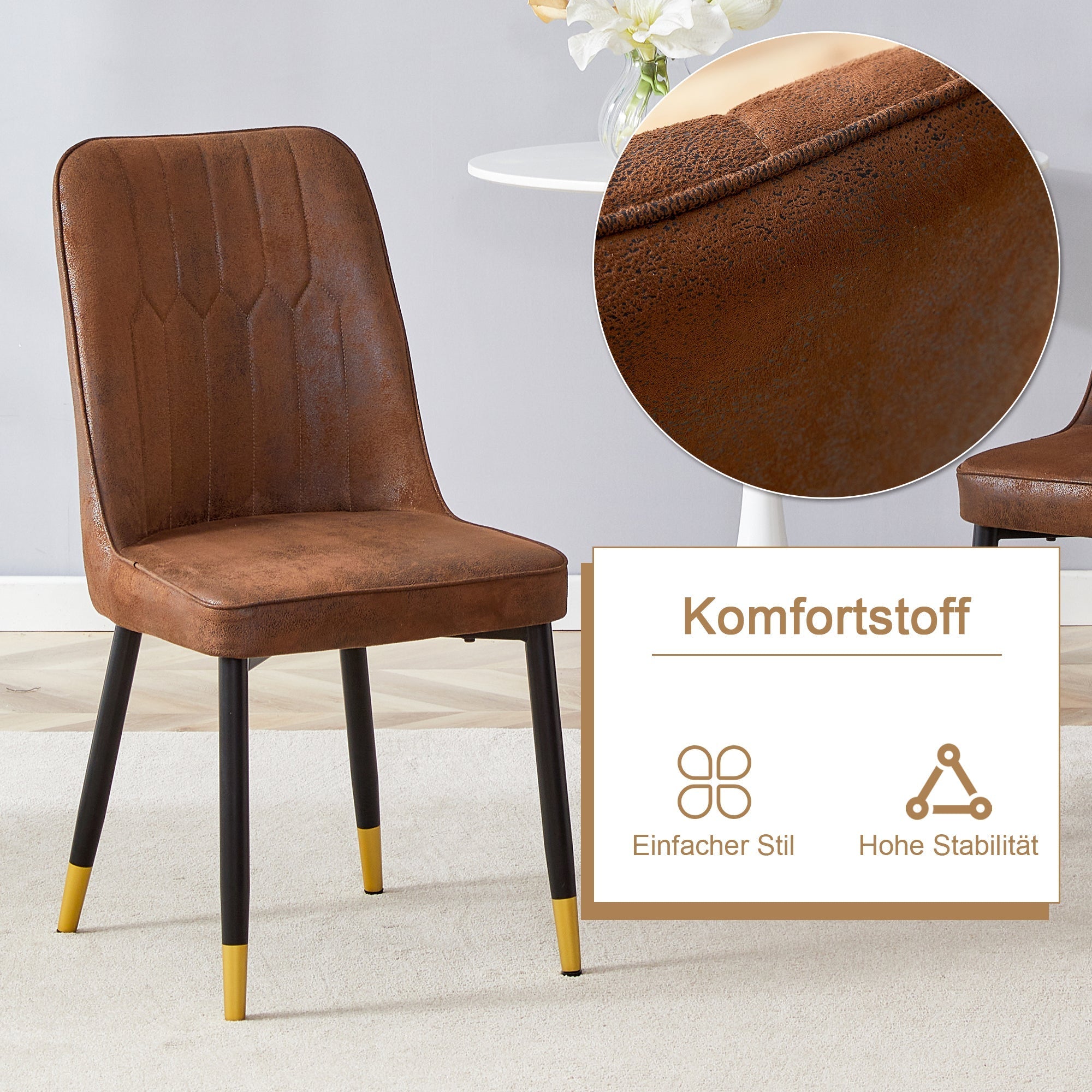 Dining Table Set Round Minimalist 100cm with 2 Chairs Wood Look Brown Tech Fabric