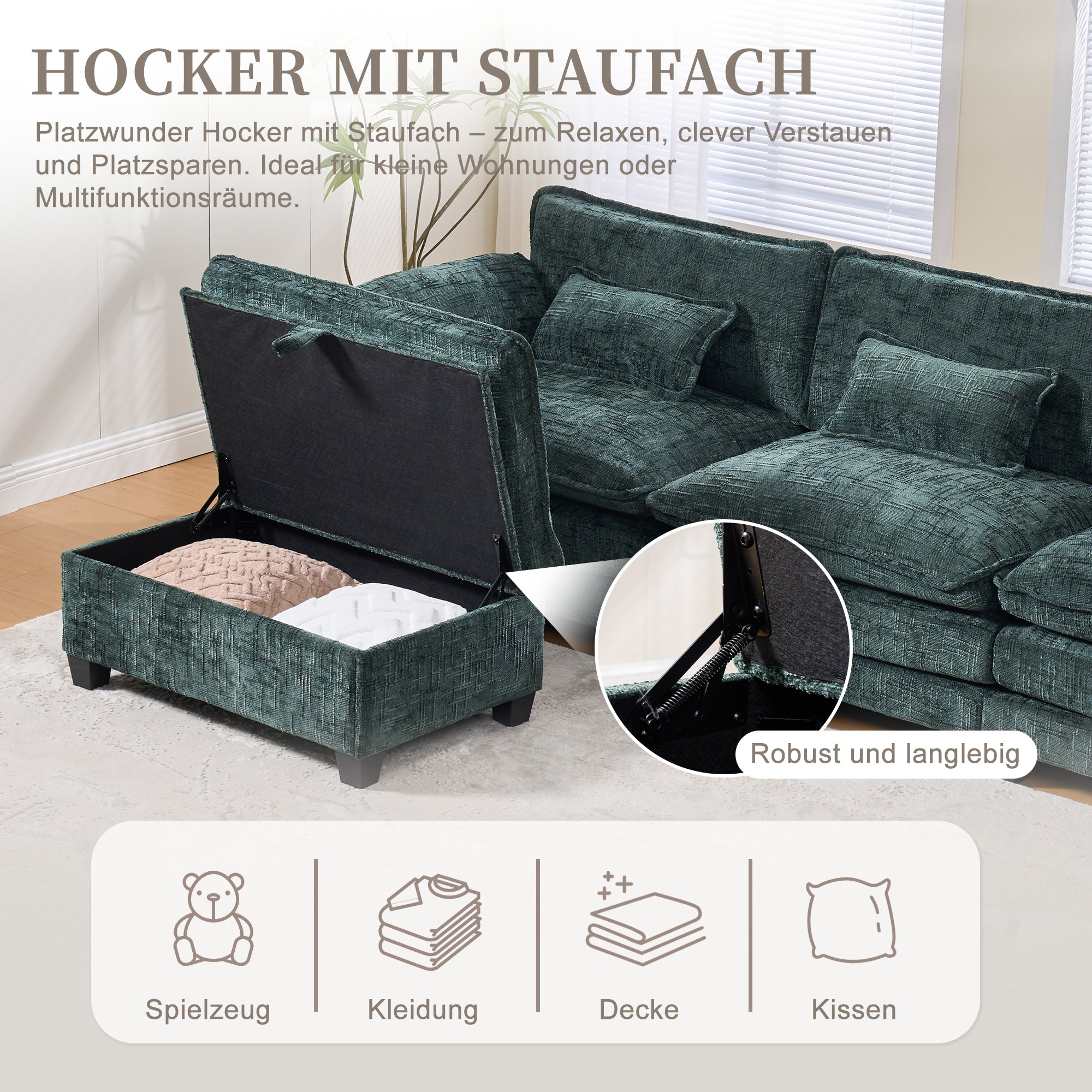 Modern 2-seater Sofa, USB Port Side Storage, Modular Footstool, Chenille Emerald