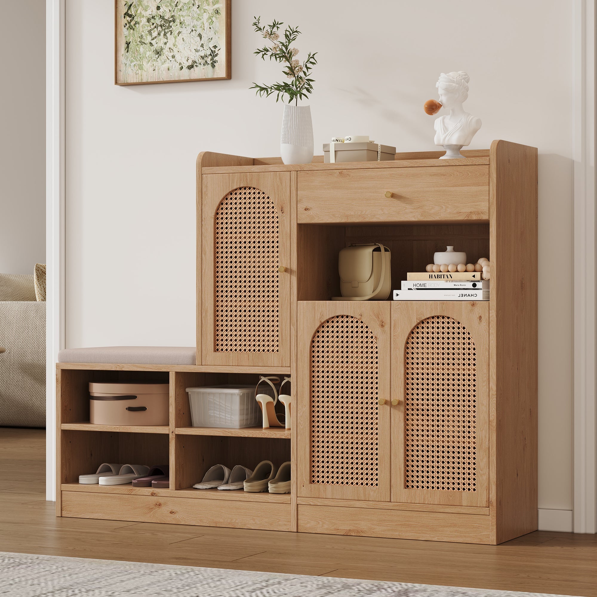 Shoe Cabinet with Upholstered Bench, 3 Rattan Doors and 1 Drawer, Wood Look