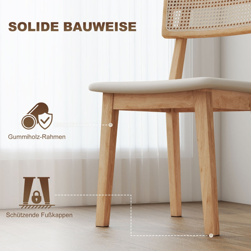 Dining Chair, Rattan Backrest, Faux Leather Seat, Rubber Wood, Natural Wood