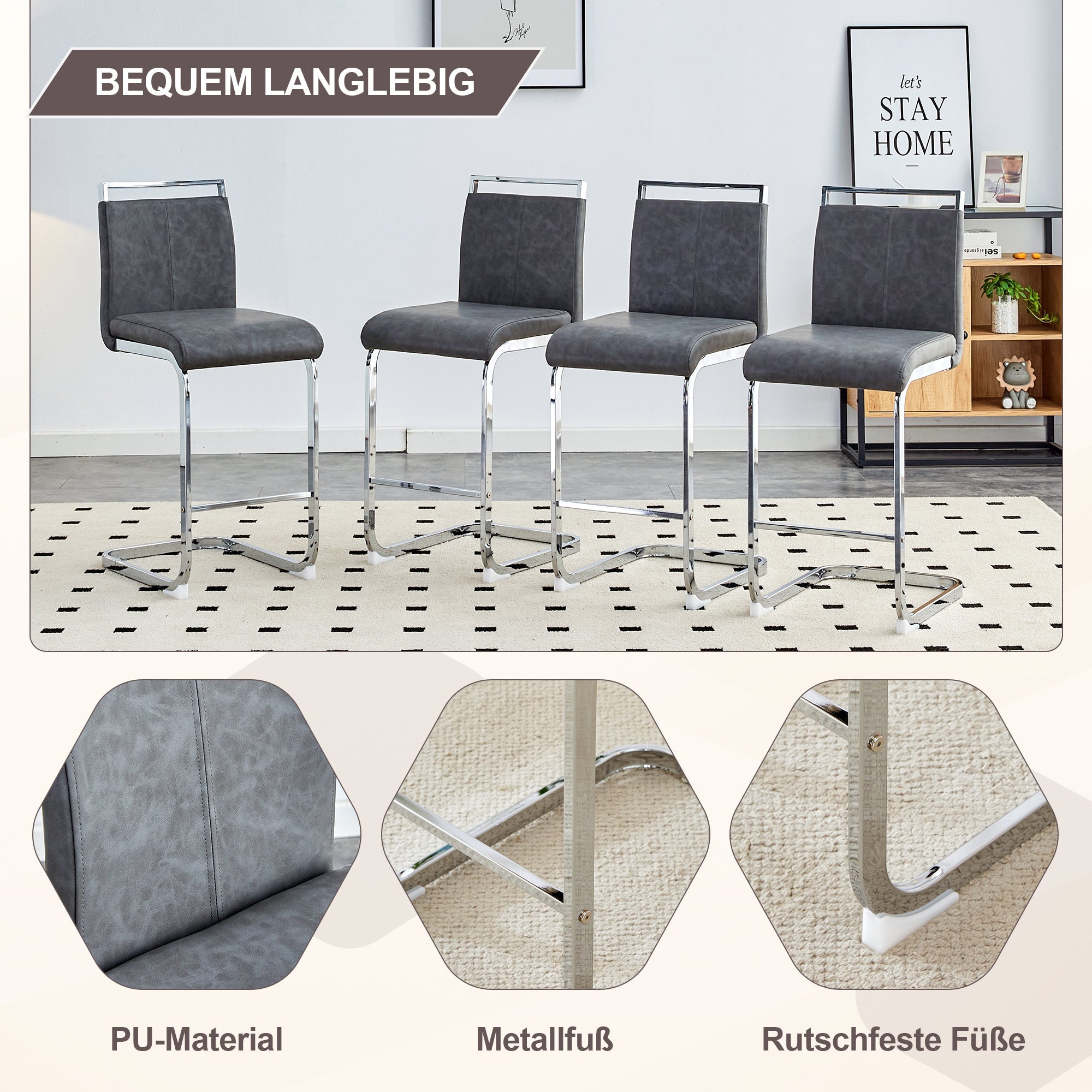 Bar Stools (Set of 2) Nordic Style High-Quality - Grey PU