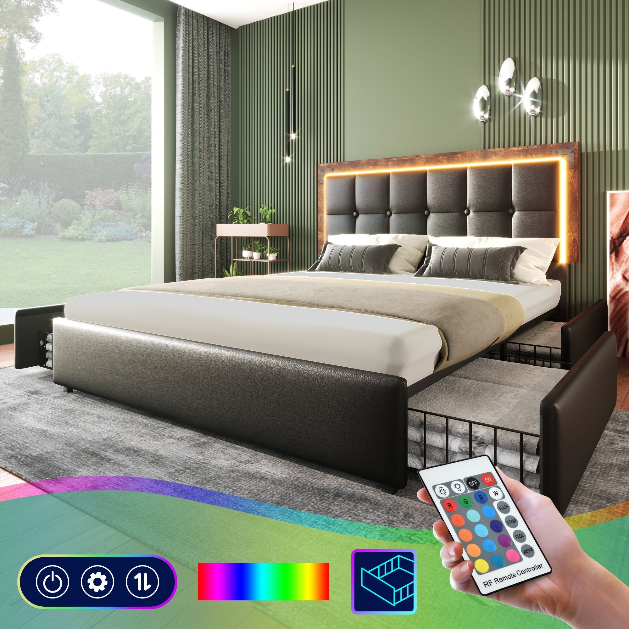 Bed Frame, LED, 4-Drawer, Adjustable Headboard, 160x200cm PU Black