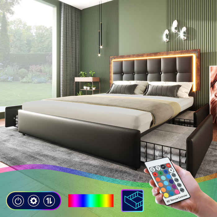 Bed Frame, LED Lighting, 4 Drawers, Adjustable Headboard, Double 140x200cm, PU Black
