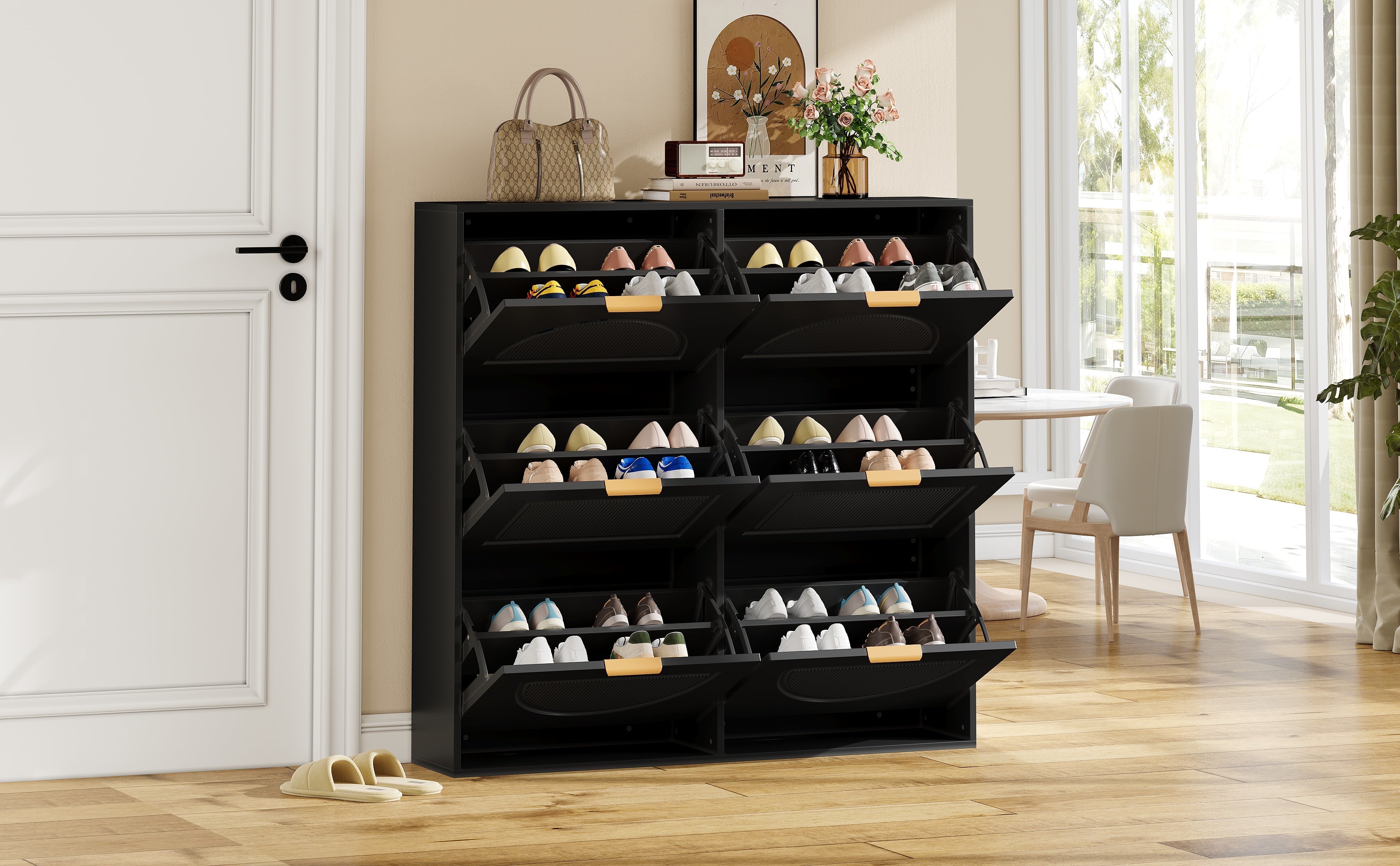 Shoe Cabinet 6 Flap Compartments Freestanding Open Shelves Black