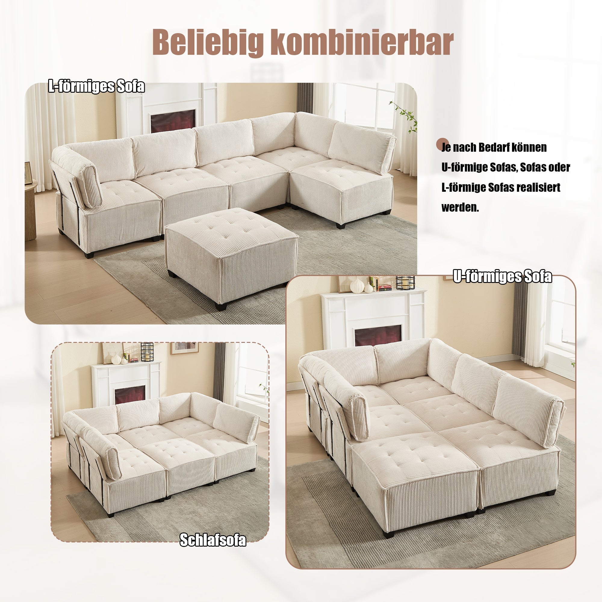 Modular 6-Seater Sofa 308cm Ergonomic Storage Pockets Corduroy, Beige