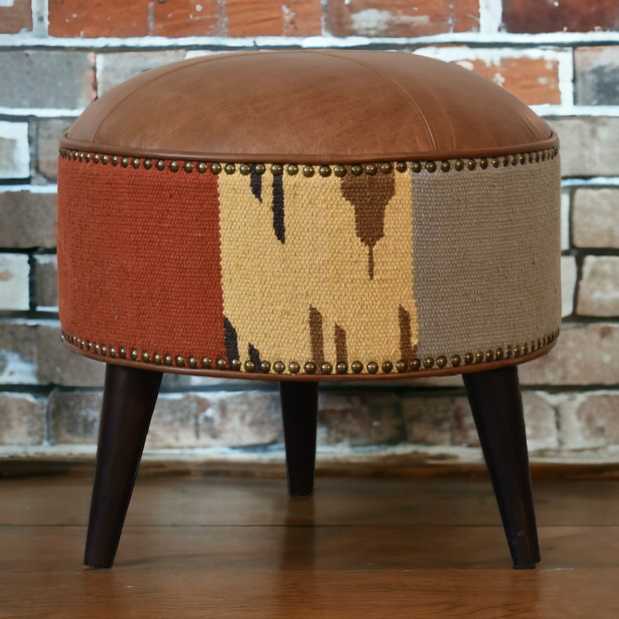 Solid Wood Footstool, Bohemian Durrie and Leather, Multicolor