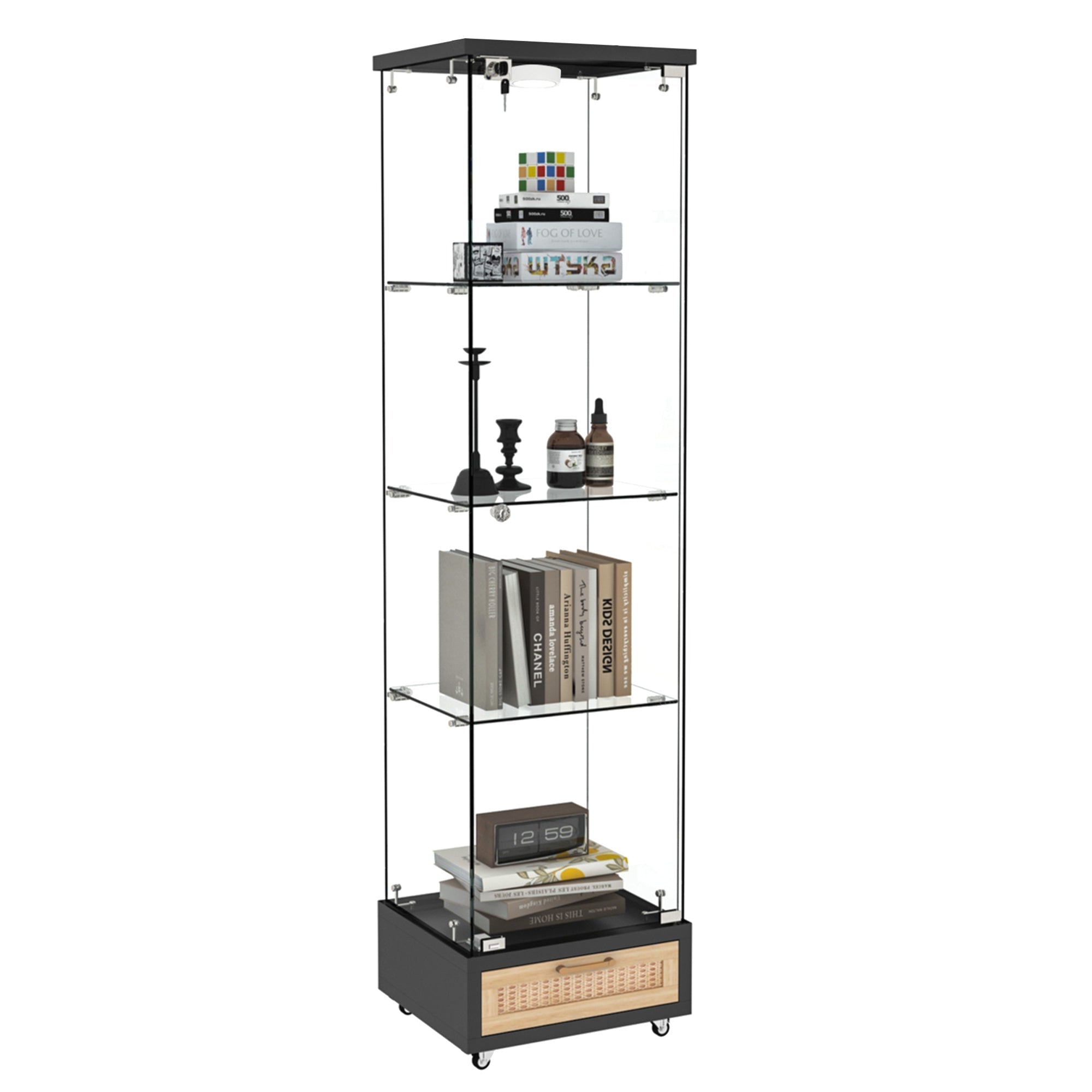 Glass Display Cabinet with LED Lighting, Drawers & Tempered Glass Shelves, H167cm Black