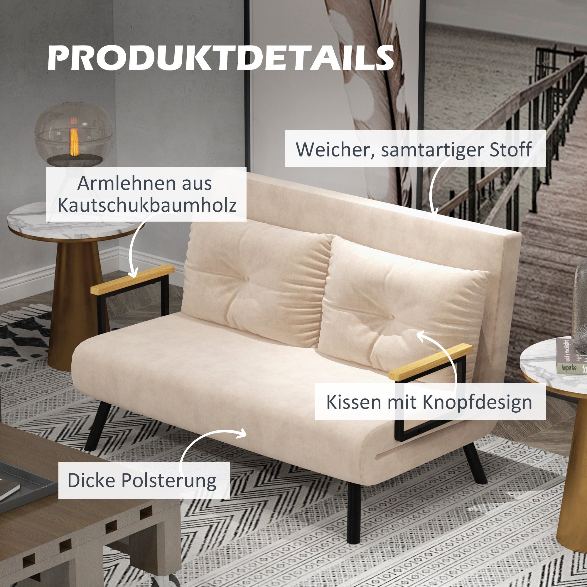 Sofa Bed, Recliner Chair Folding Upholstered, Beige