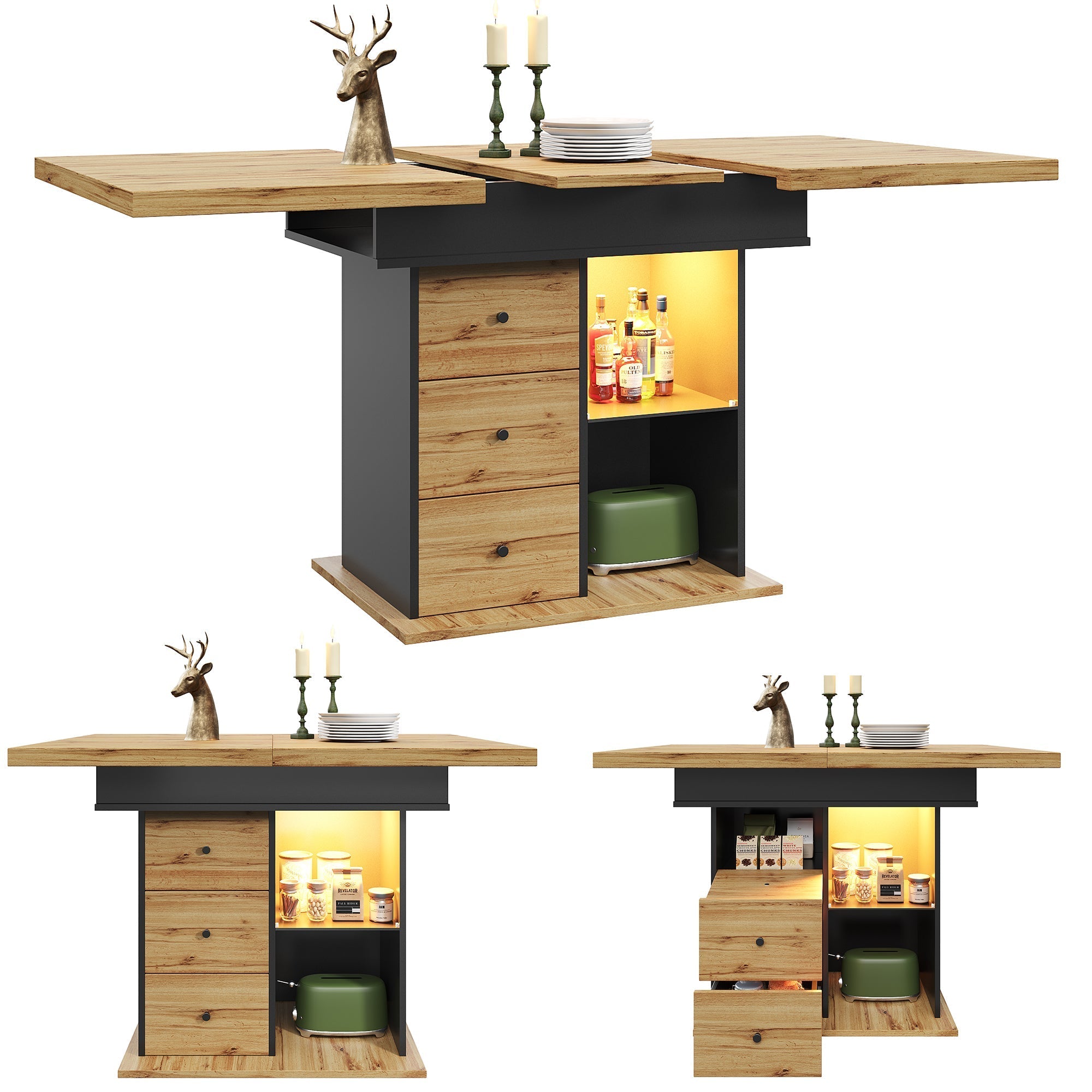 Telescopic Dining Table with Extendable Top and LED Lighting, Black