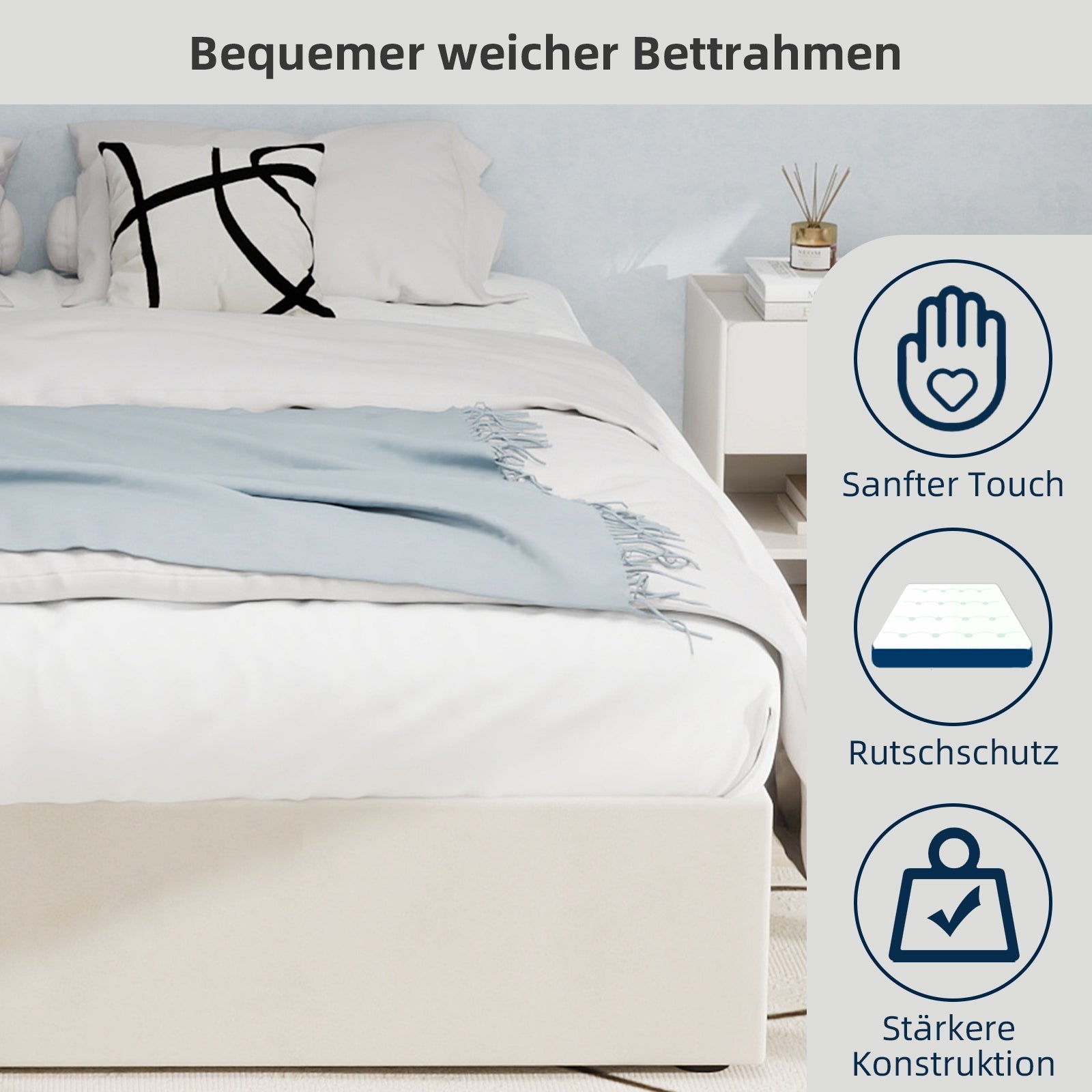 Bed Frame Modern Minimalist 160x200cm Gas Lift Storage - Beige Dutch Velvet