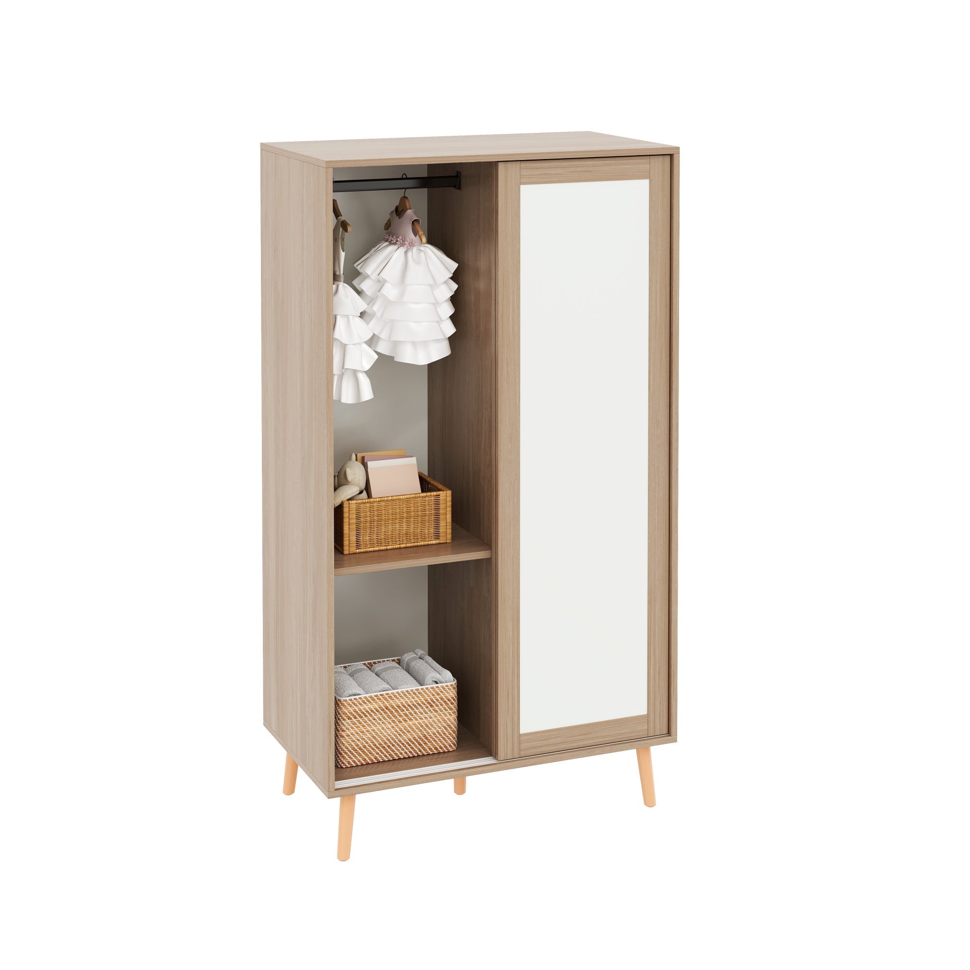 Children's Wardrobe Sliding Door Clothes Rail Solid Wood Legs, White/Natural Wood