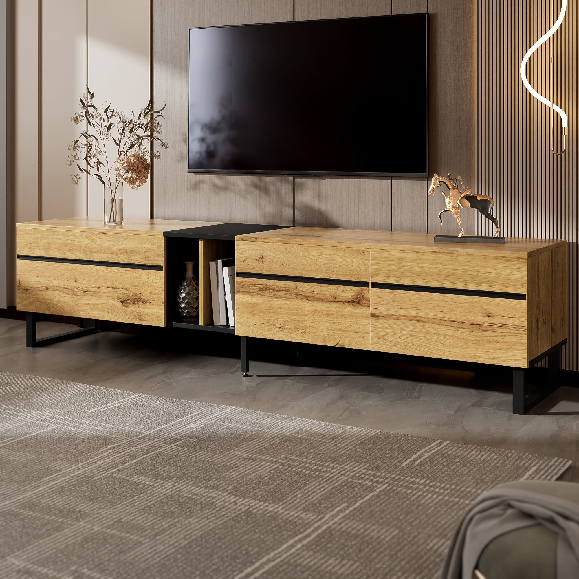 Modern TV Lowboard 180cm Drop-Down Open Shelves Double Doors