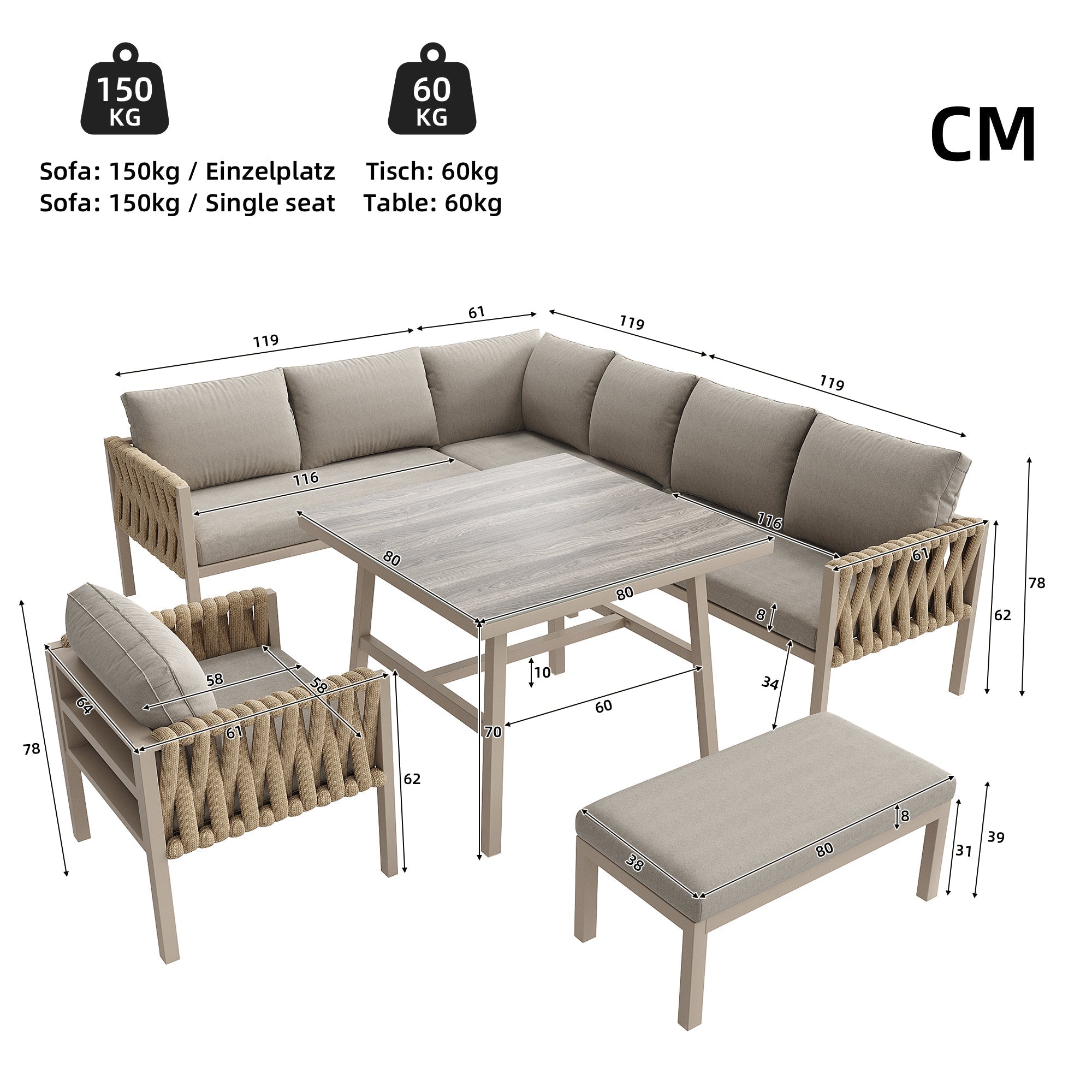 Rope Garden Furniture Set Corner Sofa Adjustable Legs Tempered Glass Beige